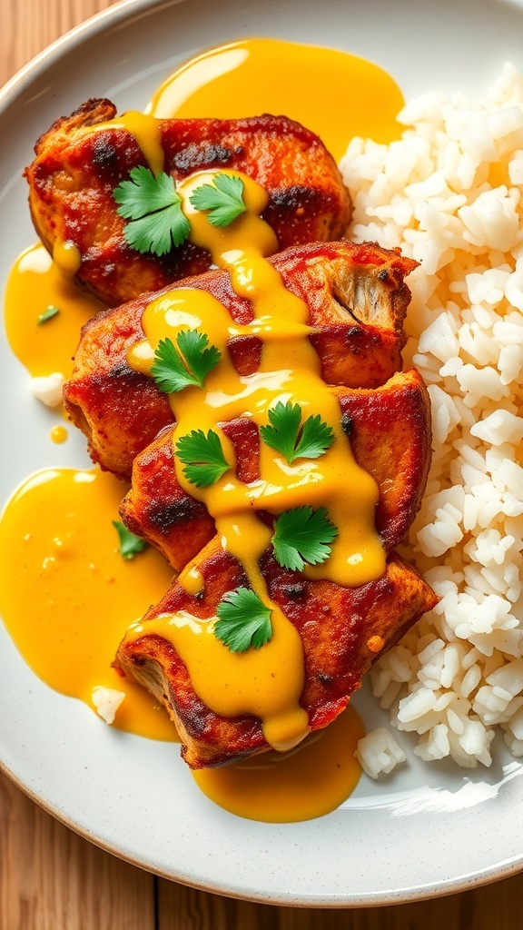 Crispy Duck with Yellow Curry Sauce Recipe Crispy duck breast with yellow curry sauce and jasmine rice, garnished with cilantro.